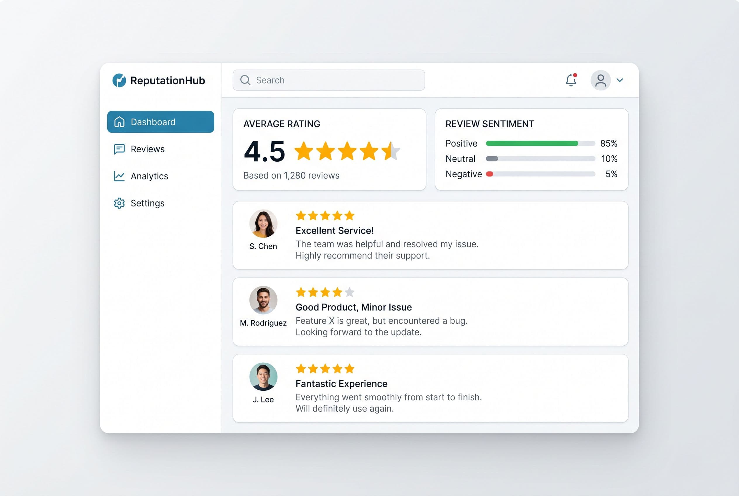 Tableau d'e-réputation : note moyenne, avis clients et analyse de sentiment