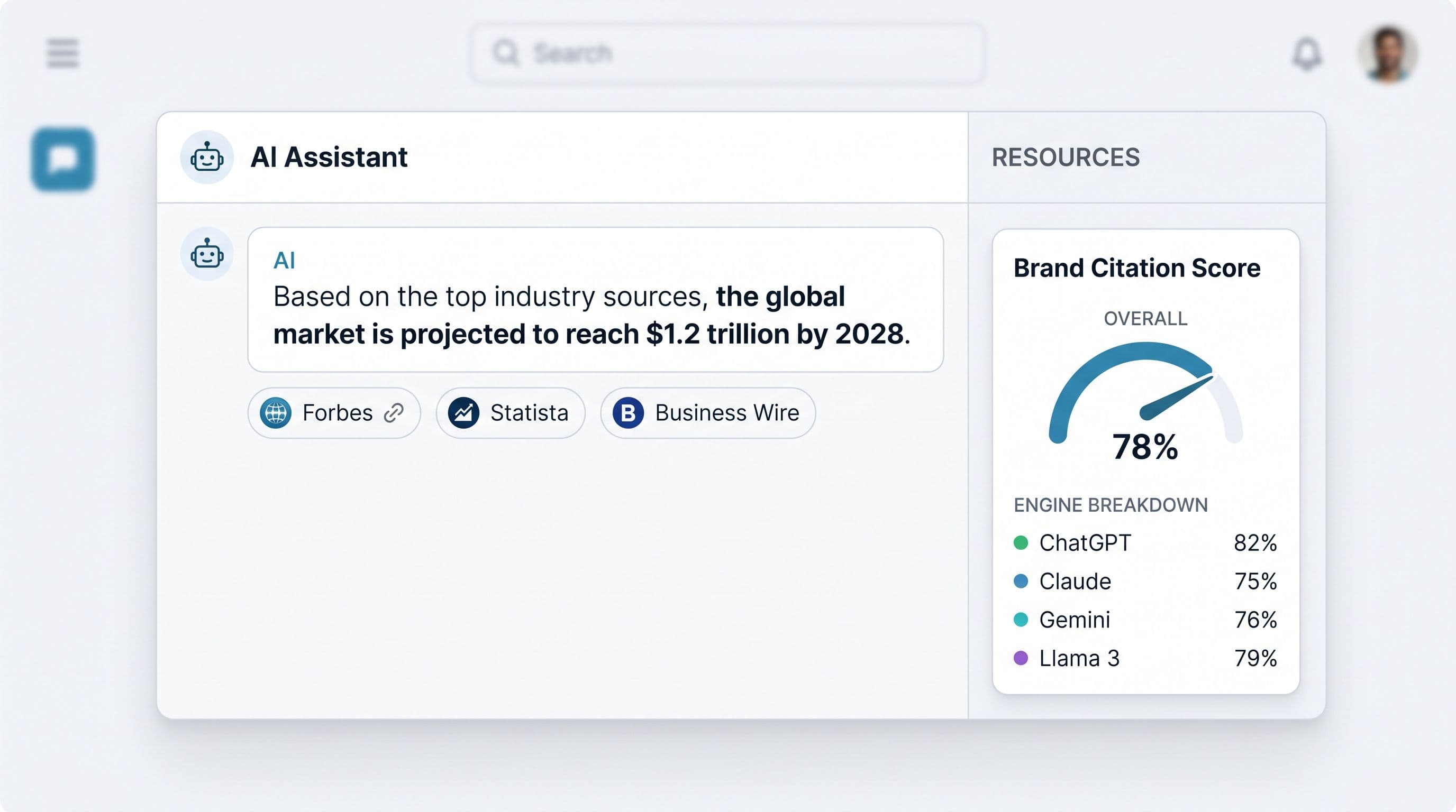 Réponse d'une IA citant des sources, avec un score de citation par moteur