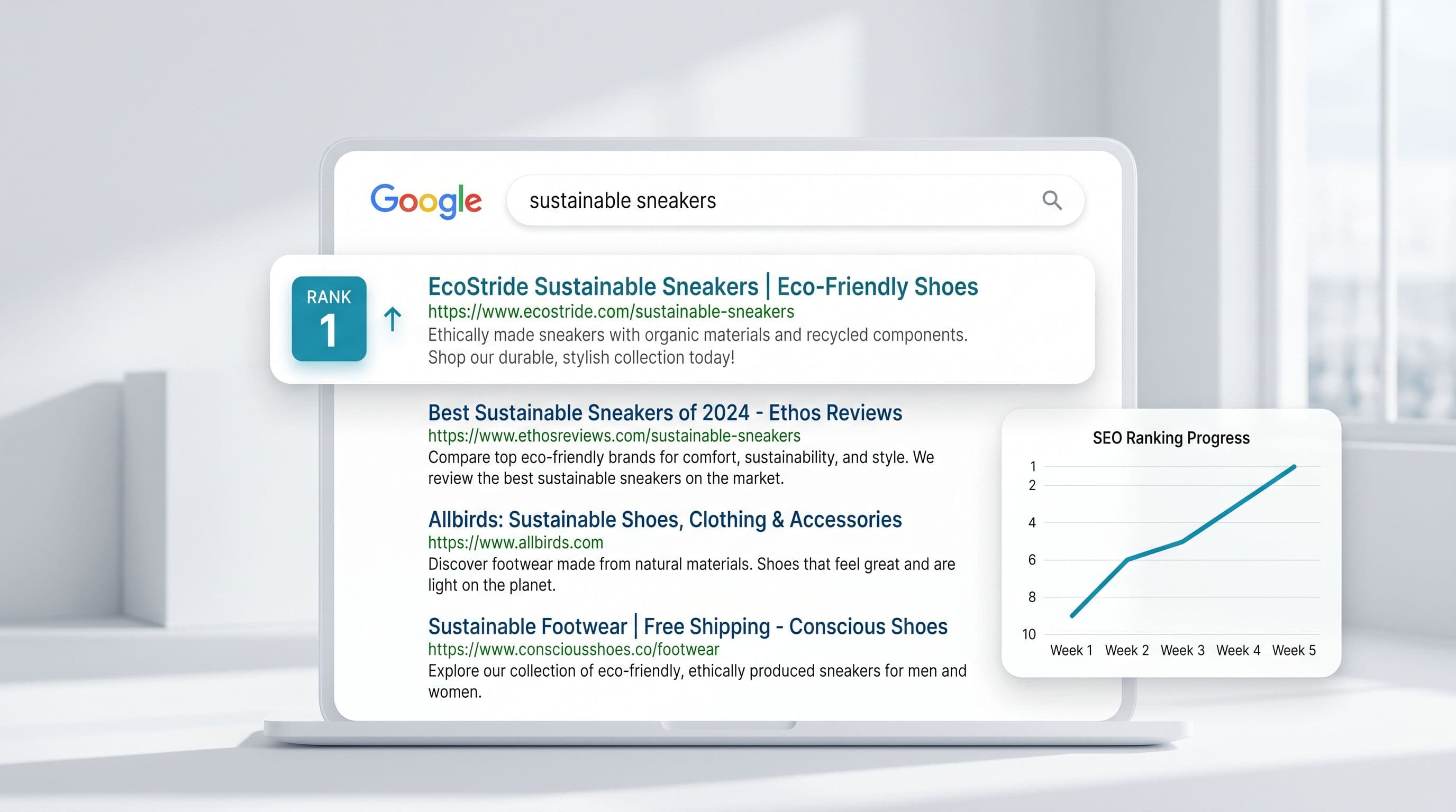 Résultats de recherche Google avec un site qui gagne des positions