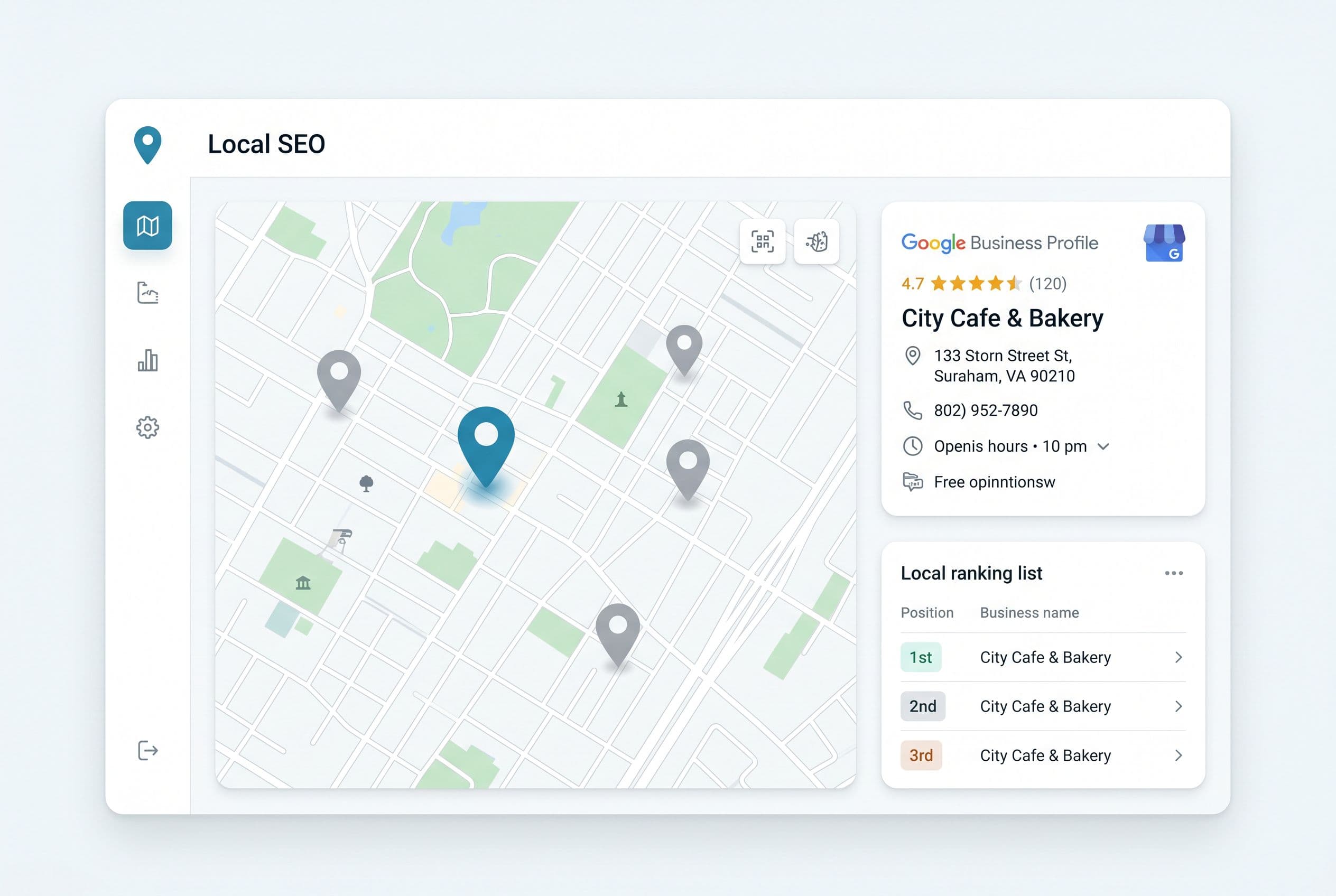Carte locale avec des points de localisation, fiche Google Business et classement local